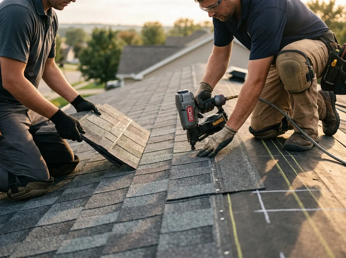 Professional roofer working on a residential roof in Columbia Heights